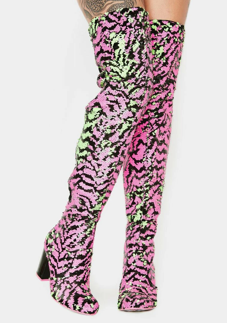 Promo ❤️ Irregular Choice Hot Stuff Sequin Thigh Highs 🥾 Boots 👏 1 Irregular Choice Hot Stuff Sequin Thigh Highs Boots