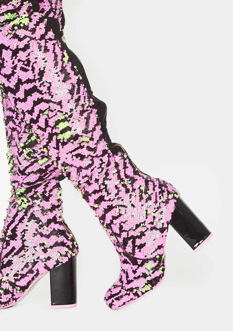 Promo ❤️ Irregular Choice Hot Stuff Sequin Thigh Highs 🥾 Boots 👏 3 Irregular Choice Hot Stuff Sequin Thigh Highs Boots